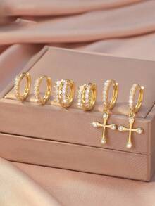 6pcs/Set Vintage Full Rhinestone Plain Band Cross Pendant Earring Set, Suitable For Women's Daily Commute And Prayer Wear - Earring Set - View 5