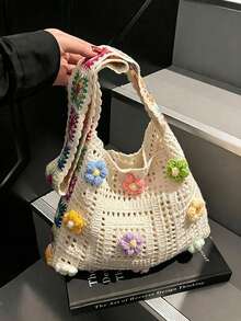 Dedoo Bohemian Style Women's Handbag, Large Capacity Open-Top Tote,  (Flower Color/Position Random) (Strap Color/Pattern Random),Straw Bag - Beige - View 4