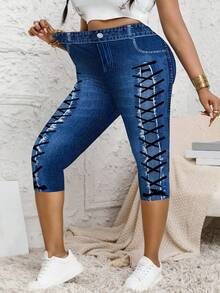 Celana Capri Ukuran Besar Efek Denim, Desain Tali Serut, Kantong Palsu, Celana Capri Modis Slim Fit dengan Elastisitas Sedang untuk Liburan Musim Panas - Navy Blue - View 2