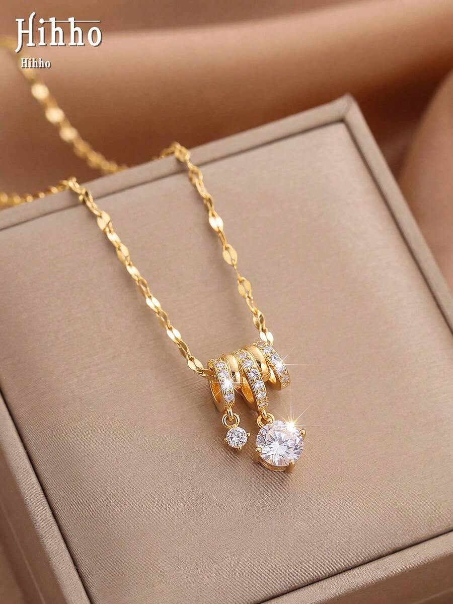 Hihho 1pc Luxury Three-Ring Zirconia Inlaid Necklace With Dynamic Large And Small Diamonds, Gold And Silver Plated, Elegant Date Outfit Collarbone Chain - Three-ring Water Droplet - View 1