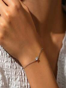 1pc S925 Sterling Silver Minimalist Ins Style Single Diamond Thin Bracelet, Korean Personalized Fresh Elegant High-End Simple Hand Accessory, Light Luxury Niche Fashion Versatile Women's Jewelry For Daily Wear, Casual, Layering, Gift - Diamond - View 3