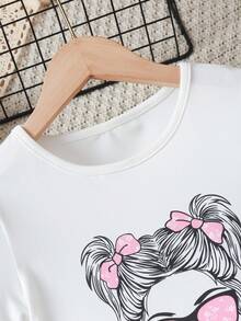 2pcs/Set Girls Casual Sweet Cool Outfit Cartoon Print White T-Shirt + Floral Cake Skirt Fashion Two Pieces Set Suitable For Summer - Pink - View 3