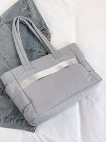 1pc Women's Solid Color Zipper Decor Shoulder Bag Large Capacity Zipper Opening With Compartment Tote Bag - Grey - View 5
