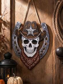 1pc Western Skull Horseshoe Front Door Hanging Decor, Halloween Decoration, Vintage Skull Star Pattern Headscarf Wall Plaque, Rustic Farmhouse Porch Decor, Autumn Indoor/Outdoor Entryway Holiday Wall Art, Spooky Season Party Home Decoration, Fall Decor - Multicolor - View 10