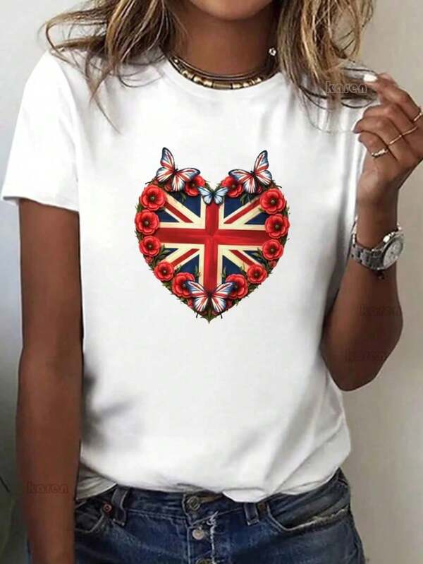 100% Cotton Women's T-Shirt, Printed With Y2K / Street Fashion Retro British Flag Rose Butterfly Heart Pattern Print, Women's Casual T-Shirt, Short-Sl