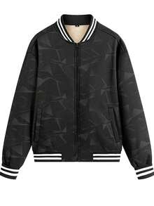 Men's Black Geometric Print Baseball Jacket, Striped Rib Collar Cuffs, Fleece Lined Loose Silhouette Streetwear Daily Casual Zip Outer Coat - Black - View 3