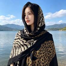 秋冬豹紋優雅聚酯纖維圍巾 - 棕色 - 查看 5