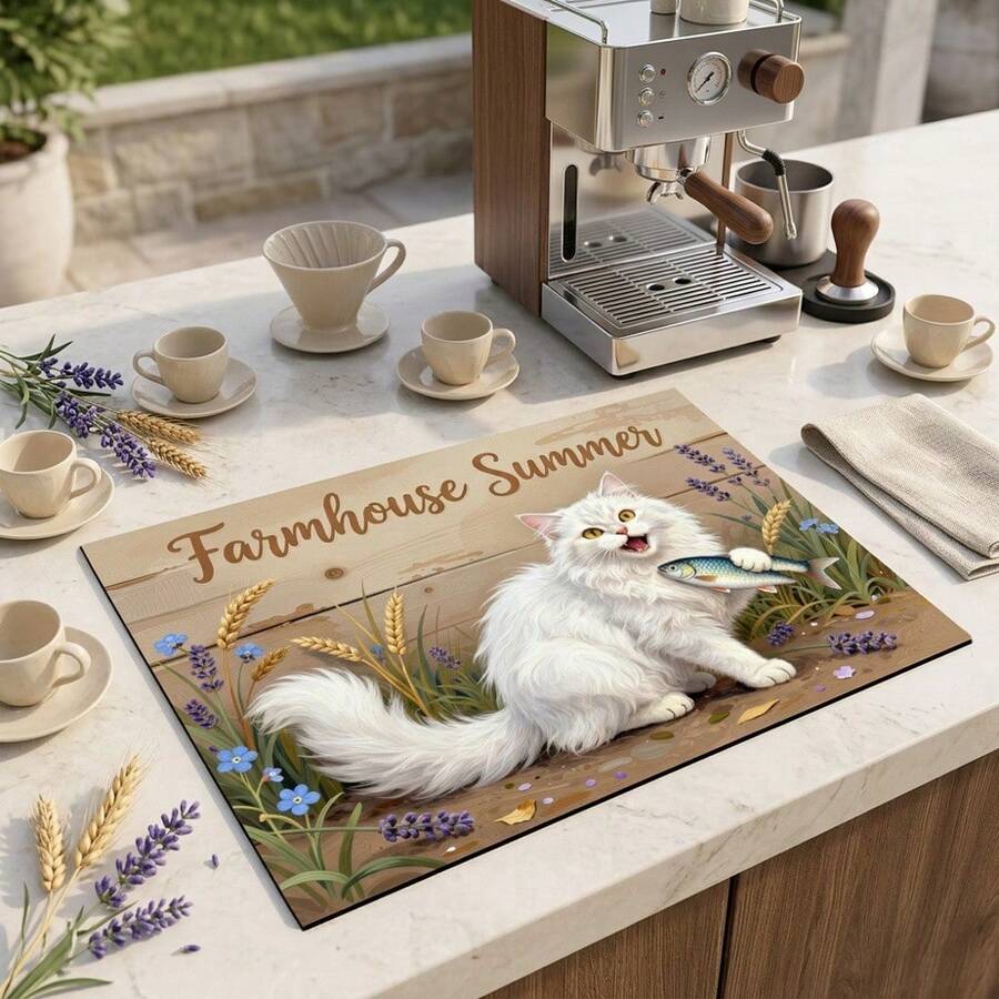 1pc Dish Drying Mat, Coffee Machine Mat, Country Summer Theme Cat Fishing Pattern, High Absorbency Countertop Mat, Suitable For Kitchen, Dining Table, Coffee Bar, Multi-Purpose Drainage Mat, Home Gift, Desktop Decor