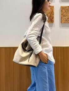 韓系時尚極簡小眾設計大容量高級白色拼接水桶包，百搭休閒通勤單肩腋下手提包 - 米色 - 查看 9