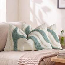 1PC/2PCS Boho Abstract Wave Tufted Throw Pillow Covers, 3D Textured Geometric Square Cushion Cases, Soft Curved Striped Decor Sofa Pillows For Minimalist Wabi-Sabi Neutral Living Room Home Decor, Multiple Colors Available, Pillow Inserts Not Included - Teal Blue - View 5