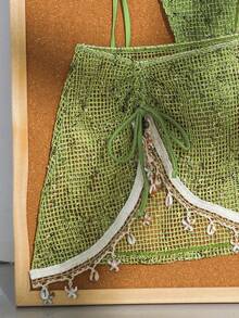 Women's Bikini Set, Crochet Ribbon & Shell Decor Halter Backless Bikini, Bohemian Style Crochet Ribbon & Shell Decor Adjustable Drawstring Vacation Dress - Bright Green - View 4