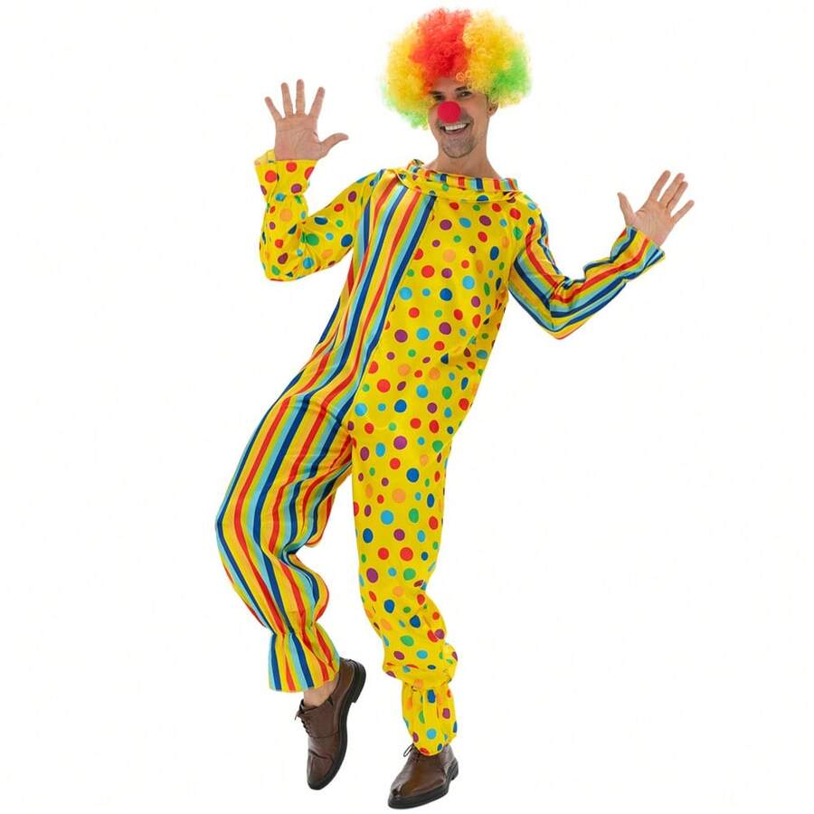 Adult Unisex Polka Dot Striped Clown Jumpsuit Halloween Costume Party Circus Role Play Performance Outfit - Multicolor - View 1