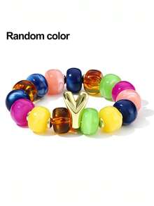1pc Women's Rainbow Letter Beaded Bracelet, Colorful Resin Large Bead Elastic Bangle, A-Z English Letter Personalized Design, Stackable Fashion Accessory, Suitable For Daily Wear And Gifting - Multicolor - View 29