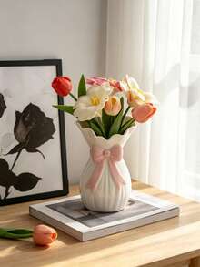 Elegant White Vase With Red Bow, Suitable For Hydrangea, Peony, Rose Bouquets, Modern Home Decor, Tabletop Centerpiece, Wedding Gift, Living Room Accent, Fashionable Style - Multicolor - View 6