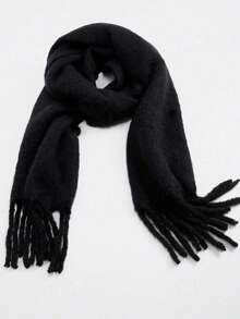 1pc Women's Solid Color Long Plush Scarf, Winter Warm Neck Warmer, Black Thickened Blanket-Style Scarf, Thickened Knitted Tassel Shawl - Black - View 4