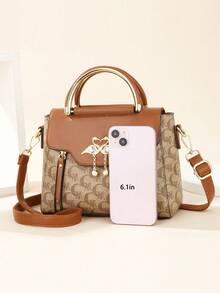 Retro Allover Letter Print Handbag Combo, Color Block Splicing Shoulder Bag With Detachable Adjustable Strap & Gold Metal Hardware - Brown - View 7