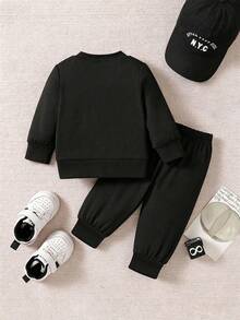 Baby Boys Cartoon Print Crew Neck Sweatshirt And Sweatpants Casual Set - Black - View 2