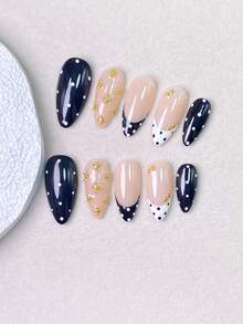 10 Pieces Of Handmade Press On Nails,Nails,Summer Nails,Short Nails,Almond Nails,Y2k Nails,Black Nails,With Solid Black White Polka Dot Nails,And Nude Nails With Mini Gold Metal Bead Clusters,Perfect For Daily Wear,Dates And Casual Street Occasions. - Black - View 5