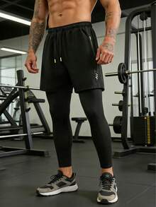 Men's Summer Casual Sports Pants 2-In-1, Drawstring Waist Design, Zipper Pockets On Legs, Lightning Print Pattern, Suitable For Loose Daily Wear - Black - View 9