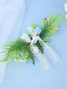 1pc Vintage Green & Blue Butterfly Pink Floral Lace Tie Flower Crown, Gentle Bohemian Forest Lawn Travel Photography Bridal Styling Wedding Accessory Headpiece - Green - View 7