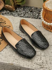 Plus Size 35-43 Spring/Autumn New Fashion Black Crocodile Embossed Square Toe Flat Ballet Pumps Daily Wear Low Vamp Black Strap Mary Jane Shoes Comfortable Women's Flat Shoes Elegant Women's Shoes All Season Shoes Ramadan Eid Al-Adha - Black Crocodile Pattern - View 7