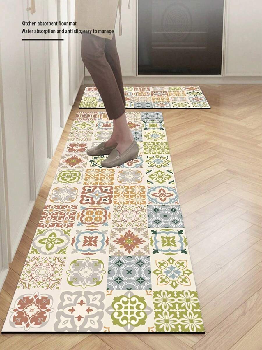 1pc Of A Beige Color, Rubberized Soft Mat With Floral Tile Pattern For Kitchen Floors, Water-Absorbing And Easy To Clean. Suitable For Use In Kitchens, Bathrooms, And Other Areas. Ideal For Use Throughout The Year And For Various Holidays. - Multicolor - View 1