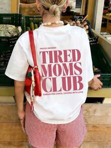 1件女款夏季寬鬆休閒短袖T恤上衣 INS Y2K 隨性運動風「TIRED MOMS CLUB」印花圖案T恤 白色 - 白色 - 查看 2