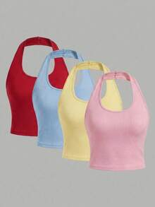 Elastic Ruched Front Spaghetti Strap Cropped Camisole, Fitted Sleeveless Tank Top, Suitable For Fitness, Casual Streetwear Sports - Multicolor - View 1