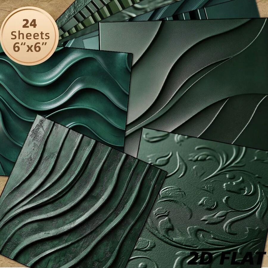 2D FLAT 24 Sheets 6*6 Inch Green Embossed Texture Scrapbook Paper 2D Flat Premium Printed Leather Embossed Effect Decorative Paper | Dark Green Luxury Texture Handmade Projects / Scrapbooking / Greeting Cards / Gift Wrapping Material - Square - View 1