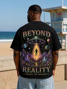 Alien Sci-Fi Universe Print Pattern T-Shirt, Loose Fit Plus Size Men's T-Shirt, Street Style Top, Suitable For Plus Size Men - Black - View 1