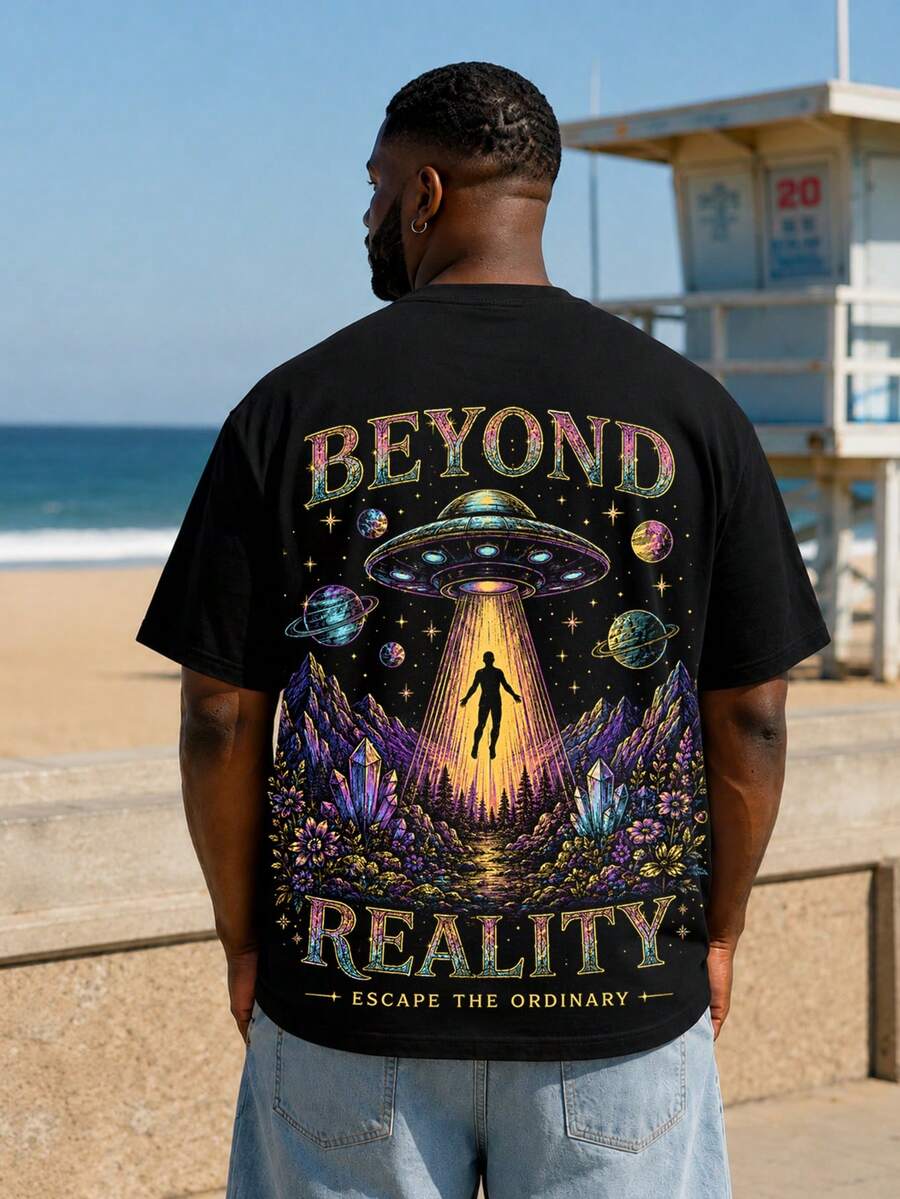 Alien Sci-Fi Universe Print Pattern T-Shirt, Loose Fit Plus Size Men's T-Shirt, Street Style Top, Suitable For Plus Size Men - Black - View 1