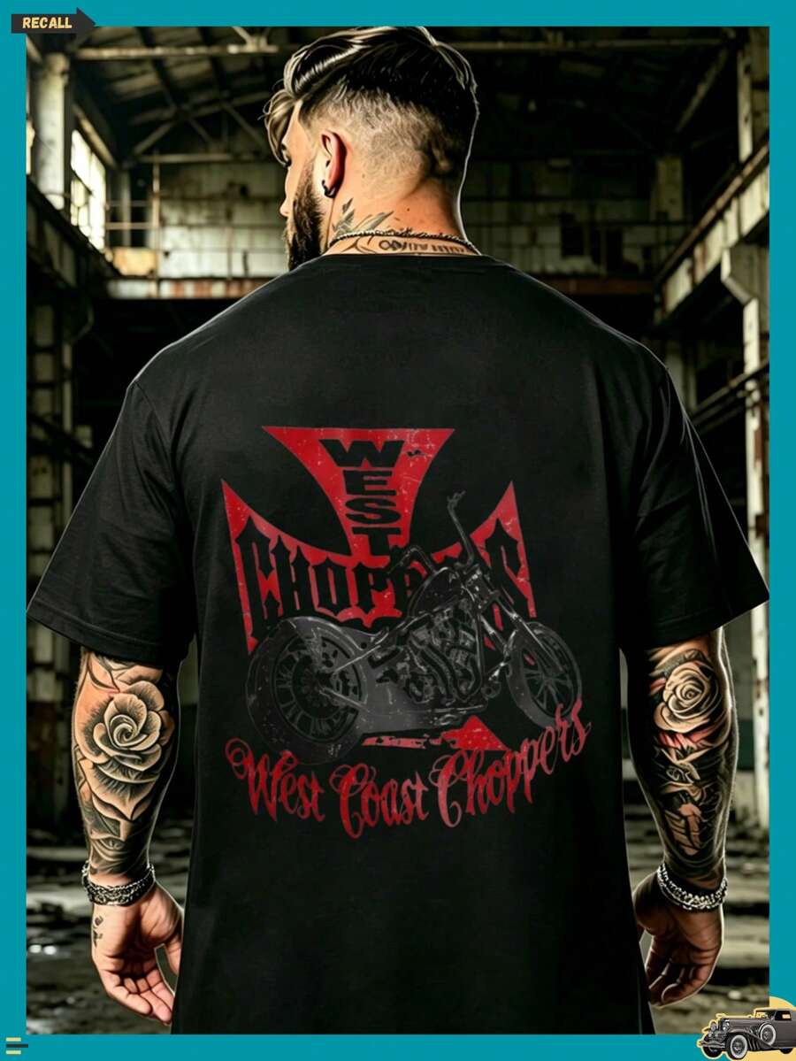 West Coast Choppers Motorrad-T-Shirt für Herren - Retro Kurzarm-T-Shirt mit ikonischem Motorrad, maschinenwaschbares Freizeit-Rundhals-Shirt für & junge Leute, ganzjährige Outdoor-Kleidung YY2B - Schwarz - Übersicht 1