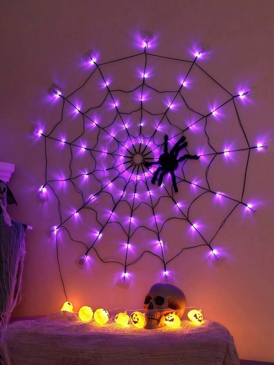 1pc Halloween Spider Web Light, Orange/Purple Realistic Spider Web Hanging Light, 70leds With Spider, Battery Operated, 8 Lighting Modes, Halloween Indoor Living Room Bedroom Wall Decoration Hanging Light, Yard And Porch Decoration, Create Halloween Party Spooky Atmosphere Decoration.