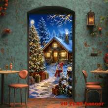 2D Plane 1 Piece Christmas Winter-Themed Banner Background, Featuring Snowy Log Cabin, Decorated Christmas Tree, Snowman, And Christmas Gift Designs, Made Of Polyester Material, No Power Required For Easy Use - View 4