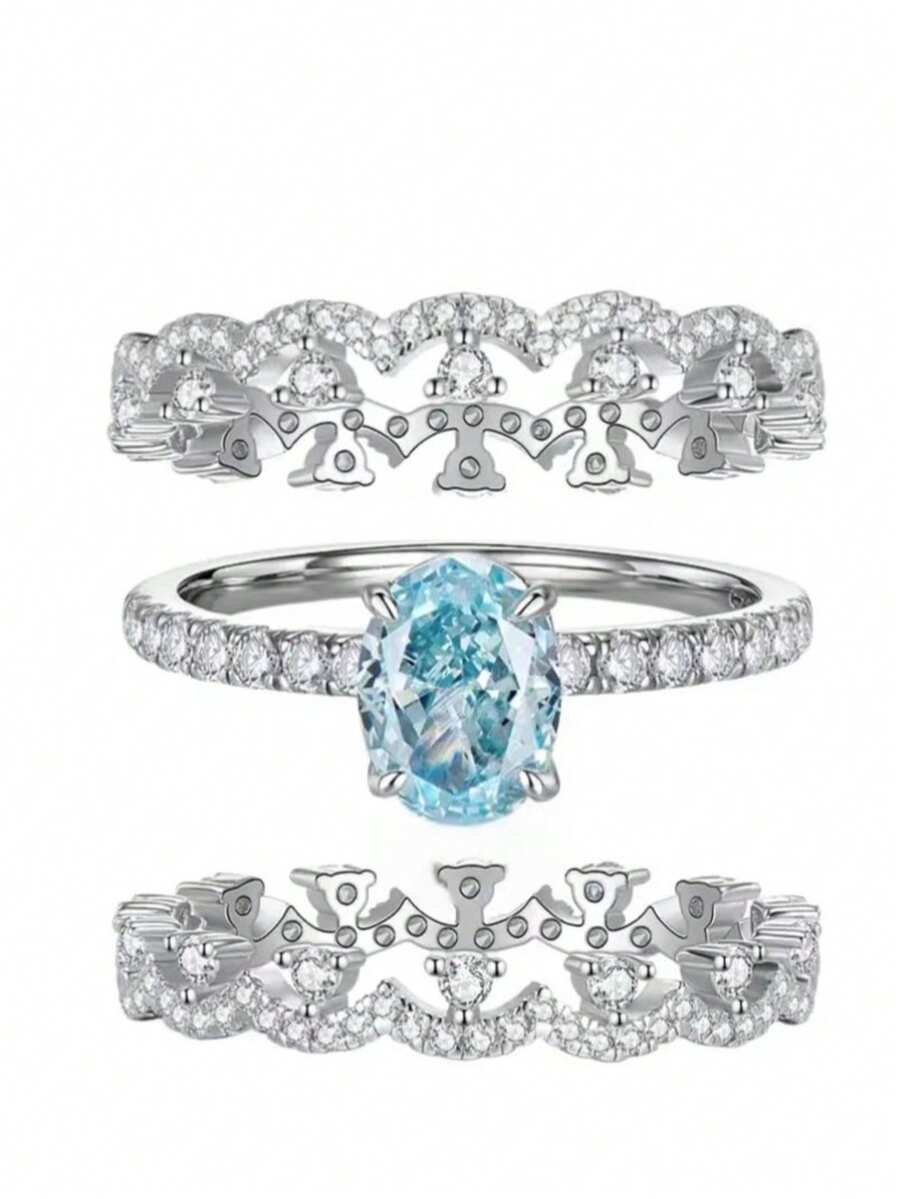 1 Set Cincin Lamaran Romantis Warna Biru Tua Oval 3 Buah, Cincin Tumpuk Berenda Vintage, Set Hadiah Perhiasan Ulang Tahun Pernikahan untuk Pacar - set cincin - View 1