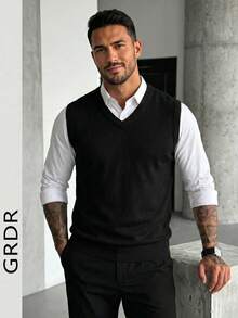 Men's Solid Color V-Neck Casual Versatile Knit Vest, Autumn/Winter - Black - View 1