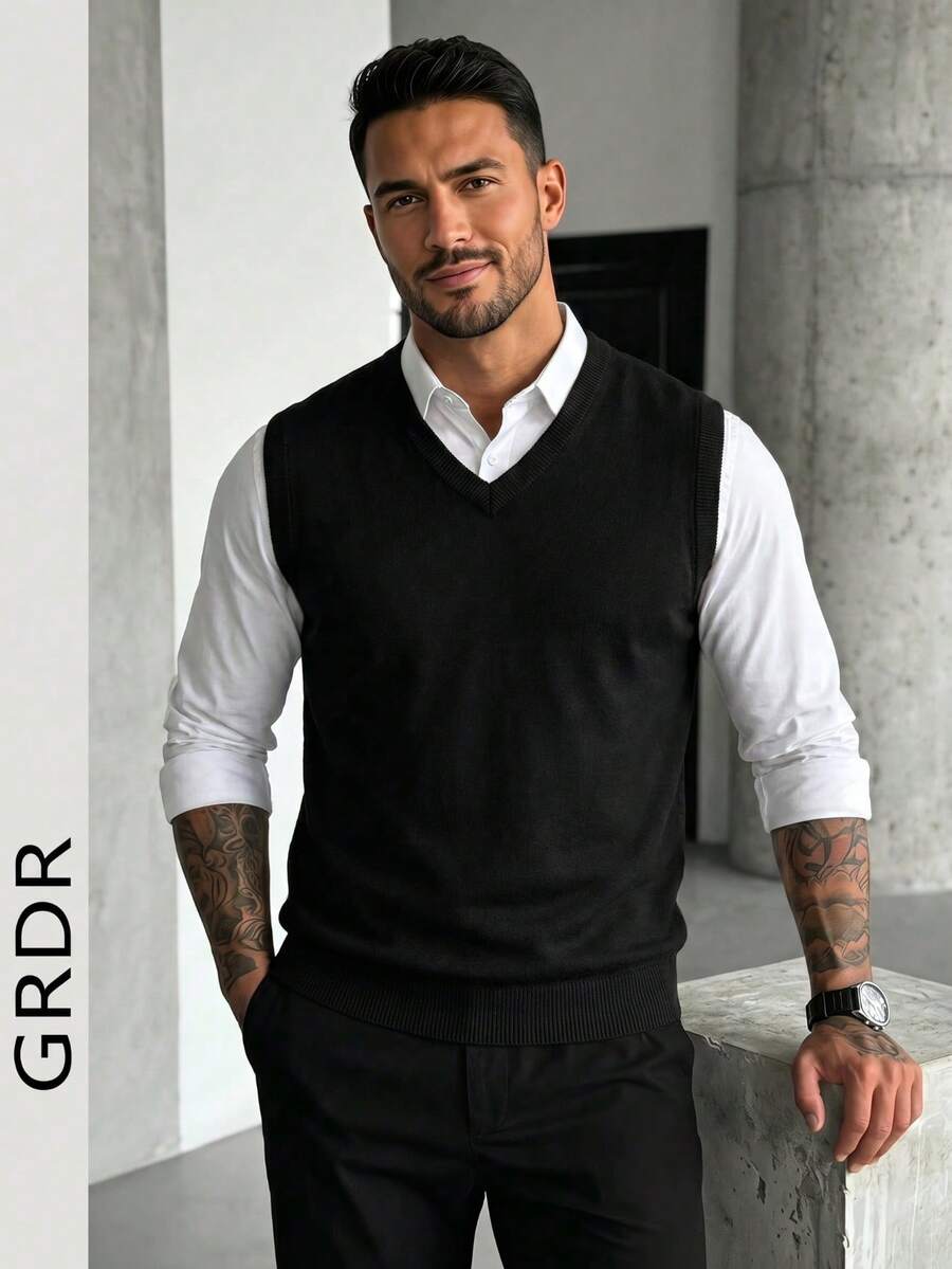 Men's Solid Color V-Neck Casual Versatile Knit Vest, Autumn/Winter - Black - View 1