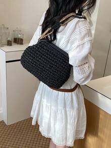 1件黑色草編圓手柄單肩包，休閒夏季海灘托特包，透氣輕便女款手提包，適合度假與日常使用 - 黑色 - 查看 5