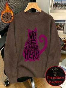 Women's Plus Size Casual Faux Knit Top, Fuchsia Cat Print, Round Neck Long Sleeve, Suitable For Autumn/Winter Wear - Brown - View 1