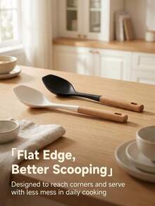 Silicone Soup Spoon: Natural Wood Heat-Insulating Handle + Off-White Silicone Spoon Head. No Residue. Suitable For Soup, Stir-Fry, Sauce Mixing. Universal Design. Does Not Damage Or Stick To Cookware Coating. - Multicolor - View 3