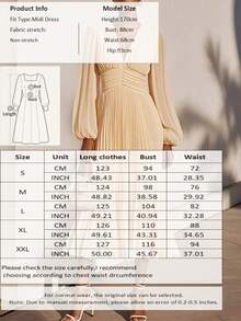 Women's Elegant Comfortable Long Sleeve V-Neck Solid Color Pleated Hem Dress Spring - Apricot - View 6