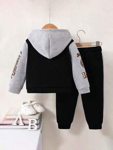 Young Boy Letter Print Colorblock Hoodie Jacket And Pants Casual Set - Black - View 2