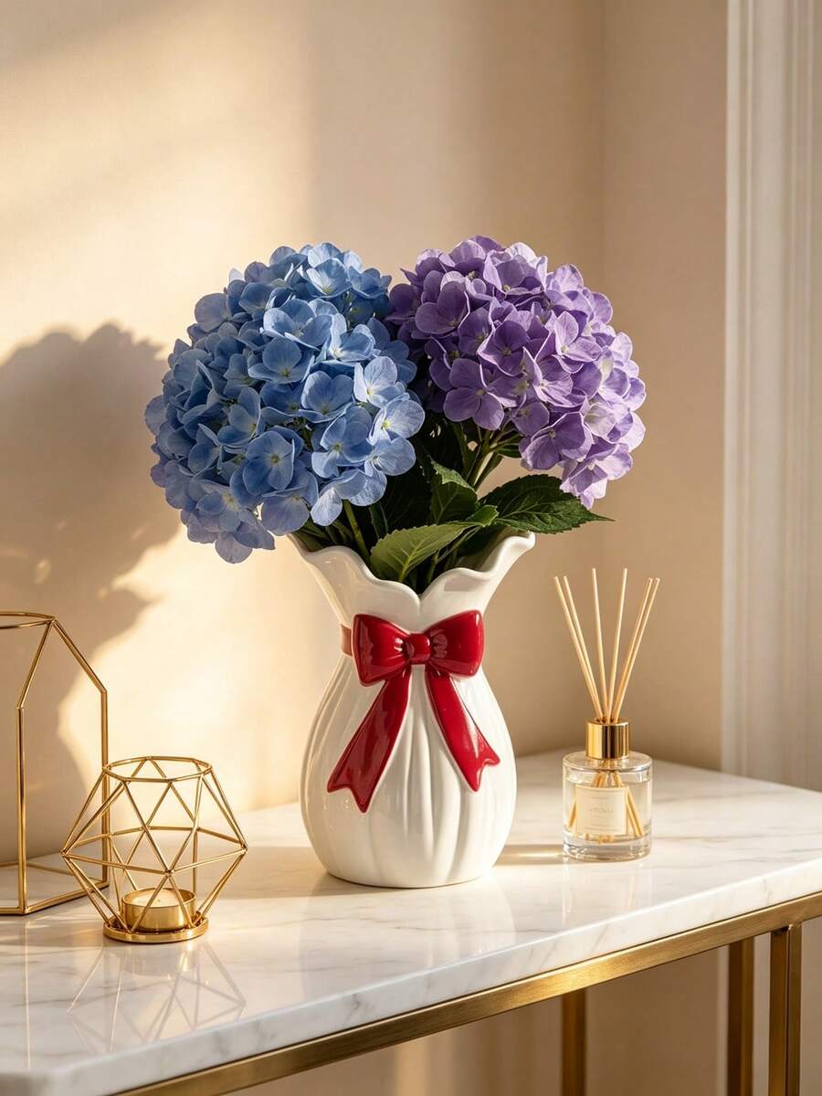Elegant White Vase With Red Bow, Suitable For Hydrangea, Peony, Rose Bouquets, Modern Home Decor, Tabletop Centerpiece, Wedding Gift, Living Room Accent, Fashionable Style - Multicolor - View 1