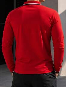 Sweatshirt Polo Lengan Panjang Klasik Pria, Desain Garis Ganda Bergaris, Cocok untuk Pemakaian Sehari-hari dan Atasan Kasual Olahraga Tim - Merah - View 2