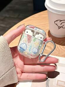 1pc Starfish Jellyfish Painted Transparent Wireless Bluetooth Earphone Case With Accessory Buckle, Compatible With AirPods 1/2/3/Pro/Pro 3/Pro 2/New 3/4, Soft Shell, Transparent Pro 3 2025 - Multicolor - View 5