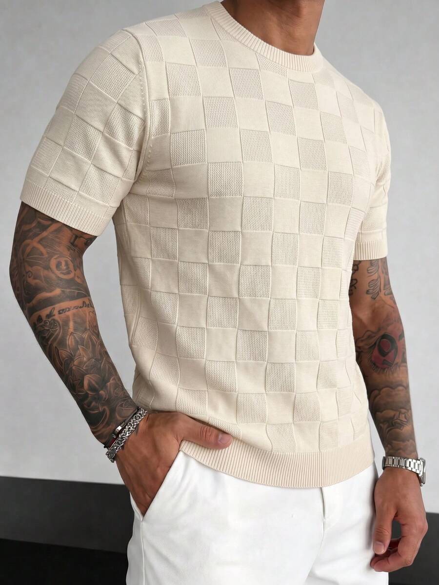 Men's Solid Color Short Sleeve Knit Top - Apricot - View 1