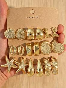 Juego de 3/9 pares de pendientes para mujer con diseño geométrico múltiple en forma de C de estrella de mar, concha y caracol, chapados en oro, accesorios de playa y océano, pendientes elegantes y de moda para uso diario (material CCB ligero y resistente a la decoloración) - Amarillo Oro - Ver 8