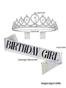1 Set Silver Birthday Girl Rhinestone Crown Headband Set, Suitable For Birthday Party Decoration - Silver - View 5