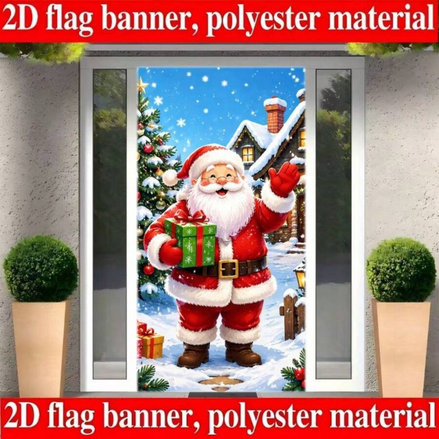 2D Flat 1 Christmas Themed Banner Background, Santa Claus Holding Gift Pattern, Paired With Christmas Tree, Snow Hut, Falling Snowflakes, Made Of Polyester Material, No Need For Power Supply, Convenient To Use