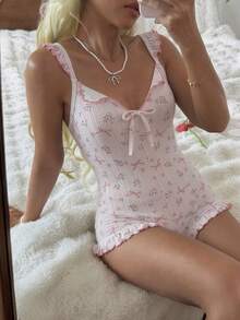 Damen-Pyjama-Jumpsuit mit Blumen-Schleifendruck, V-Ausschnitt und Spaghettiträgern - Babypink - Übersicht 1